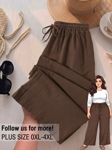 Rusticease Celana Panjang Kasual Harian Wanita Plus Size Warna Polos dengan Pinggang Tali Serut - Coklat - View 1