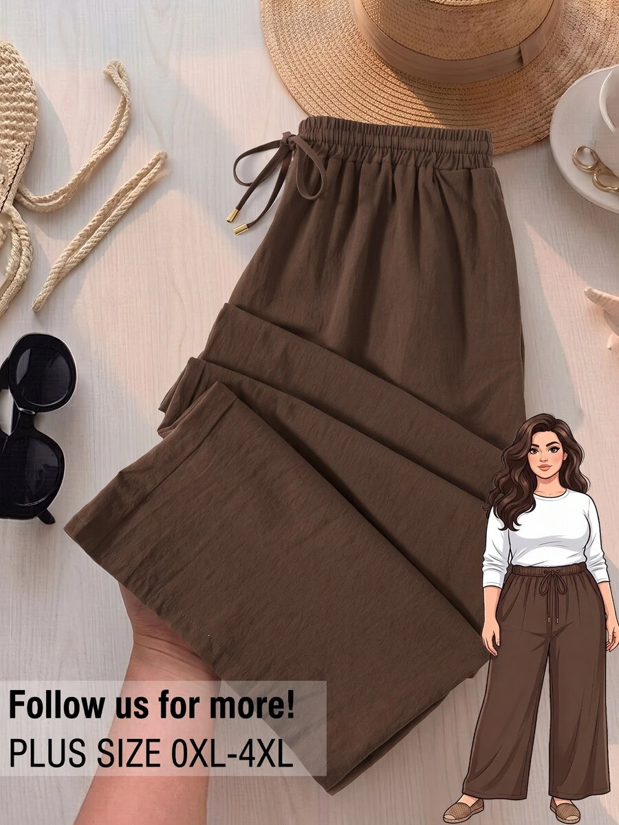 Rusticease Celana Panjang Kasual Harian Wanita Plus Size Warna Polos dengan Pinggang Tali Serut - Coklat - View 1