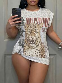 Slaydiva Vintage Loose T-Shirt, Leopard & Tiger Print, Y2K Style, Suitable For Daily Commute, Dating And Party, All Seasons Wearable - Multicolor - View 5