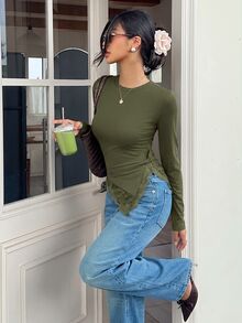 Serisse 女款時尚蕾絲拼接不對稱下擺長袖T恤 - 軍綠色 - 查看 8