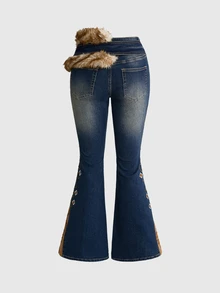 ROMWE Hippie Women's Jeans With Pattern Suede Patchwork, Rivet Decoration And Furry Waistband, Autumn/Winter - Blue - View 3