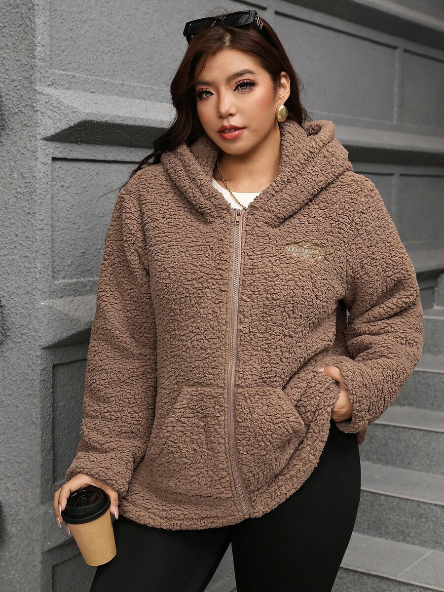 SHEIN Clasi Plus Size Women Solid Color Zipper Casual Versatile Long Sleeve Jacket - Khaki - View 1