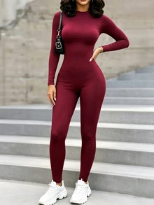 INAWLY Solva Women's Round Neck Long Sleeve Solid Color Fitted Jumpsuit - Burgundy - View 3