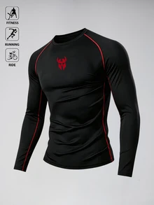 Acti Log Men's Line And Letter Pattern Contrast Color Long Sleeve Crew Neck Casual Sports T-Shirt - Black - View 3