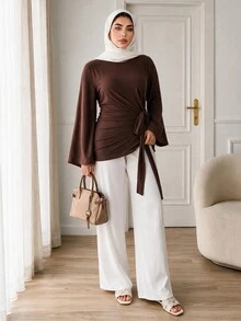 Solavon Plus Size Women Solid Color Casual Daily Long Sleeve T-Shirt - Brown - View 6