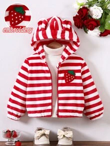 SHEIN Playful Pals 女童可愛加厚保暖內裡連帽外套 單件經典紅白條紋毛絨布料 附可愛熊耳朵裝飾與前胸草莓設計 - 紅白色 - 查看 5