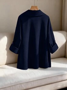 GlowEve CURVE 女款大尺碼秋冬無內裡純色海軍藍蜂巢紋理面料開襟外套，附口袋，時尚休閒風，適合通勤、日常穿著及其他場合 - 藏蓝色 - 查看 3