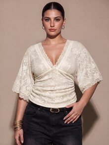 SHEIN BAE CURVE Áo blouse xếp ly phối ren phong cách lãng mạn ngọt ngào size lớn - Màu be - Xem 3