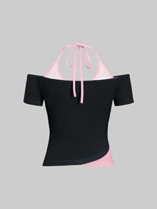 Attitoon 女款休閒復古假兩件式T恤，復古Y2K穿搭，夏季服飾，街頭風，適合日常通勤、約會、聚會、秋冬/夏季、派對、婚禮、海灘、畢業典禮，優雅休閒，外出穿搭，Y2K色塊拼接藍色上衣 - 彩色 - 查看 3