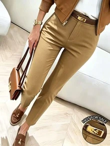 INAWLY Women Solid Color Casual Versatile Daily Wear Long Pants - Khaki - View 1