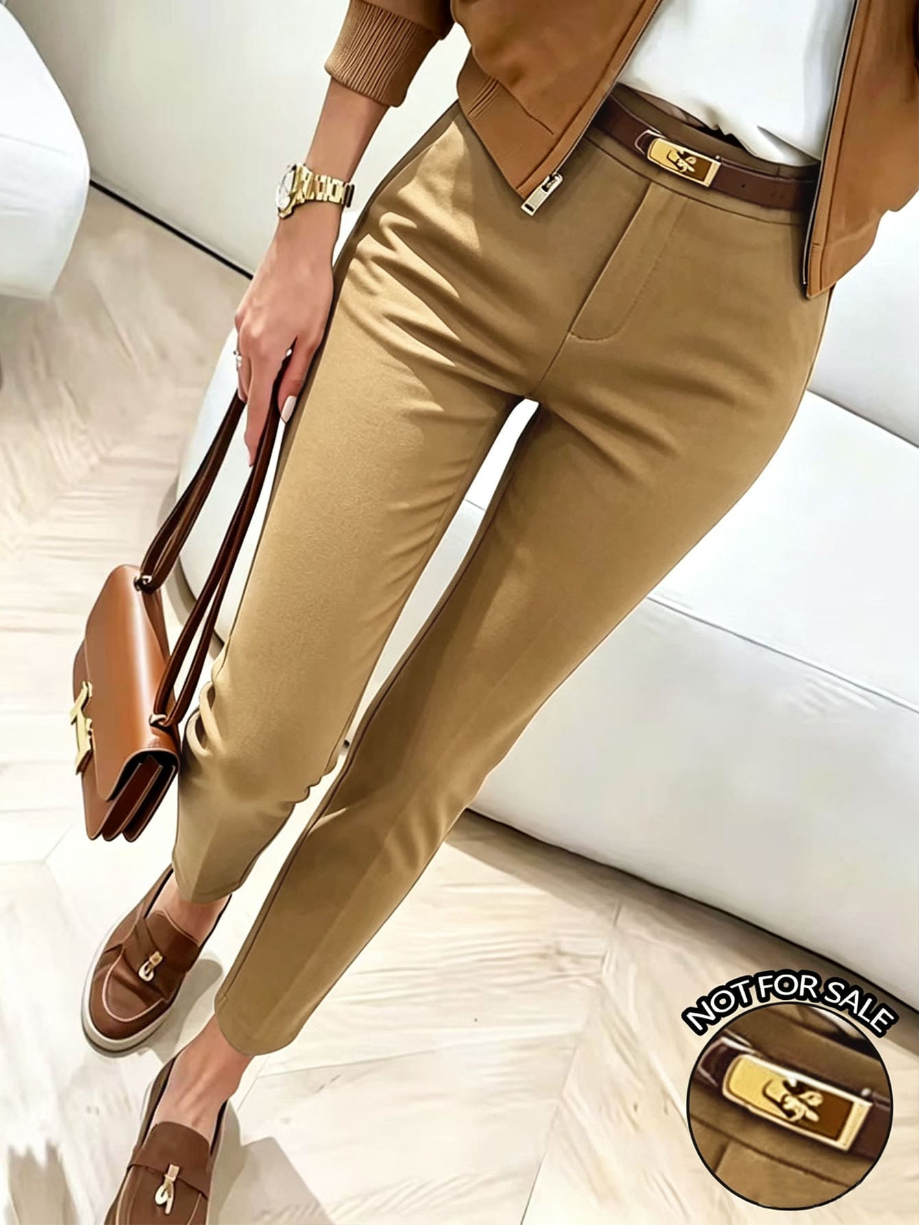 INAWLY Women Solid Color Casual Versatile Daily Wear Long Pants - Khaki - View 1