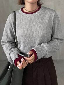 Dazy Plus Colorblock Patchwork Cuff Loose Casual Baggy Pullover Long Sleeve T-Shirt Homewear Vacation Grey - Grey - View 4
