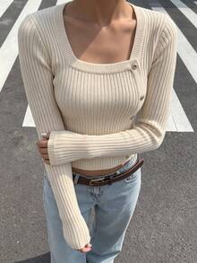 valorelle valorelle Square Neck Button Detail Ribbed Knit Sweater - Apricot - View 4