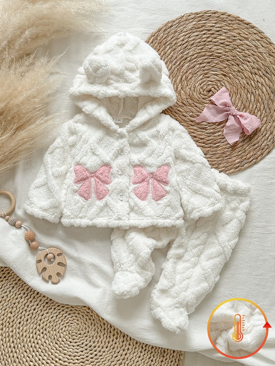 SHEIN Vintaside Kids 2件組新生女嬰外套+連腳褲,可愛甜美白色粉色 3D 熊耳蝴蝶結毛絨長袖連帽加厚款,適合冬季聖誕節與秋季假期 - 白色 - 查看 1