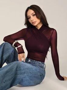 SHEIN PETITE 女款性感純色網紗包覆式連身衣 - 中紫紅色 - 查看 8