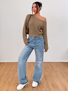 SHEIN PETITE 女款純色單肩休閒日常長袖針織衫 - 摩卡棕 - 查看 4