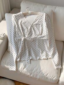 Comfortcana Women's Korean Style Sweet Polka Dot Print Lace Patchwork Long Sleeve T-Shirt Casual Blouses 2000s Style Work Tops - Black and White - View 4