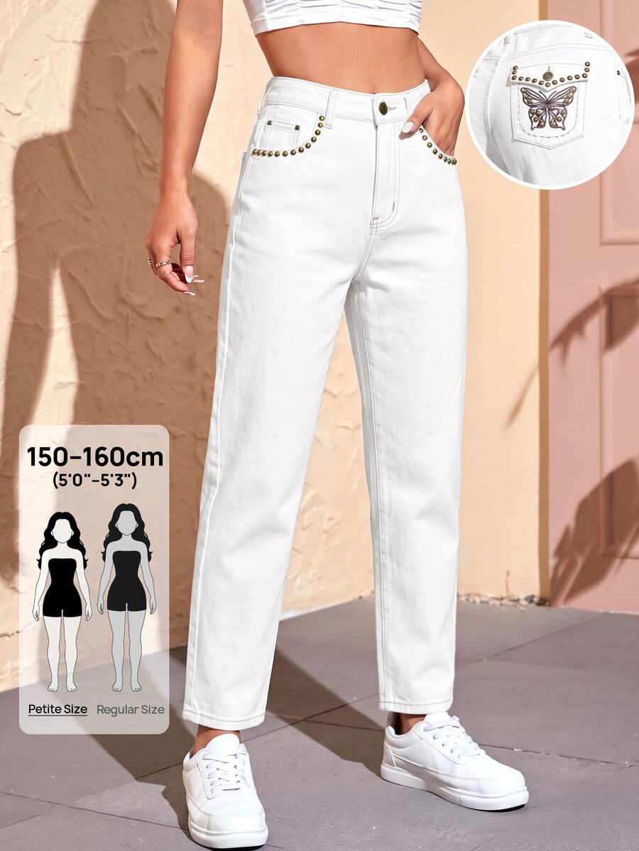 SHEIN PETITE 女款休閒日常旅行牛仔長褲,附口袋與鈕扣設計 - 白色 - 查看 1