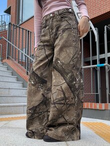 DAZY Women's Loose Wide Leg Jeans With All-Over Floral Print, Army Green Letter Embroidery, Casual Streetwear Korean Style For Spring And Autumn - Green - View 2