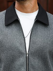 Manfinity Homme Men's Contrast Color Lapel Wool Jacket, Mature Casual Zipper Short Overcoat, Suitable For Halloween, Christmas, New Year, Gifts - Grey - View 4