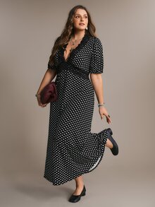 Freevana Plus Size Women's Fashion Polka Dot Lace Patchwork Romantic Dress - Black - View 6