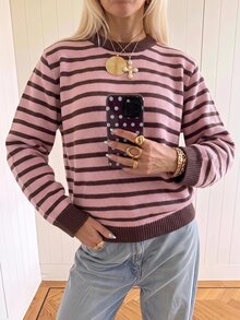 SHEIN EZwear 海外長袖寬鬆草莓巧克力條紋女款毛衣，秋季毛衣，適合日常通勤、派對、秋冬春夏、聖誕節、新年、感恩節、派對、婚禮、海灘、畢業典禮、優雅、外出、約會、通勤、情人節、度假、Y2K、畢業典禮等場合 - 彩色 - 查看 4