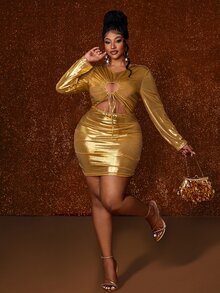 Maweii Plus Size Women Sexy Fashion New Party Short Bodycon Bodycon Dress Fall - Gold - View 6