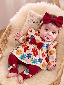 SHEIN Baby Girl Knitted Floral Pattern Round Neck Casual T-Shirt & Long Pants 2pcs Set - Multicolor - View 3