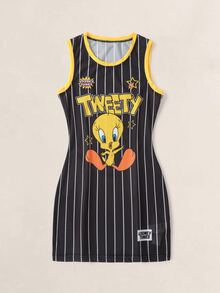 LOONEY TUNES X SHEIN Women's Cartoon Print Striped Colorblock Dress - Black - View 3