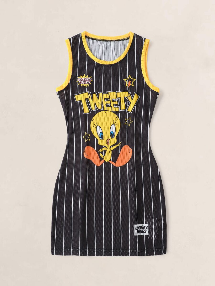 LOONEY TUNES X SHEIN Women's Cartoon Print Striped Colorblock Dress - Black - View 1