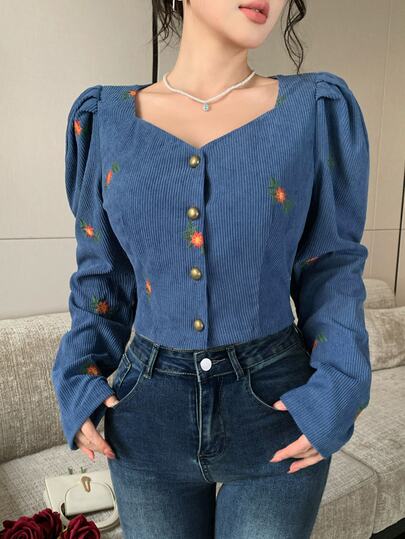 Feyla New French Vintage Floral Embroidered Design Corduroy Petal Sleeve Short Blouse Top