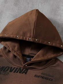 ROMWE MEN Men's Letter Pattern Rhinestone Casual Daily Hoodie Sweatshirt - Coffee Brown - View 4