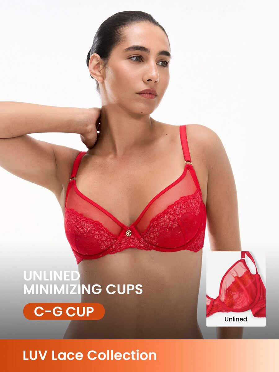 LUVLETTE Soft Woman Lingerie Sheer Full Coverage Underwire Sexy Unlined Minimizer Sequined Glam Floral  Lace Elegance & Mesh  Intimates Christmas Red Bra - Red - View 1