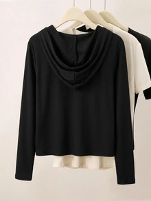 INAWLY Jaket Kasual Harian Wanita Plus Size Warna Polos dengan Ritsleting dan Lengan Panjang - Hitam - View 2