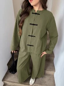 Easowa Curve Women's Plus Size Long Sleeve Loose Casual 2 Pieces Set - Army Green - View 1