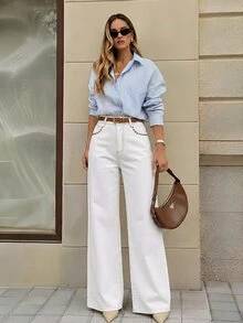 SHEIN PETITE Women's Casual Rivet & Embroidery Decorated Wide Leg Denim Jeans - White - View 7