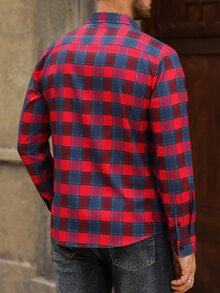 Manfinity Mode 男士簡約紅黑格紋長袖襯衫，鈕扣開襟休閒襯衫，適合派對與秋季穿著 - 紅色 - 查看 2