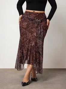Enliva Plus-Size High-Waisted Ruffled Asymmetrical Hem Midi Skirt, Elegant And Retro Apple,Rounded Body - Multicolor - View 6