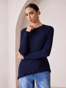 Graceveil Women's Asymmetrical Ruffle Cinched Waist Long Sleeve Sweater, Autumn/Winter - Navy Blue - View 3