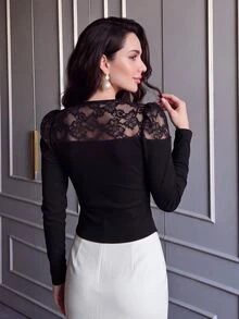 Modelyn Women's Elegant V-Neck Fitted Lace Patchwork Waist-Cinching Knit Top For Daily Commute And Date Outfits - Black - View 9