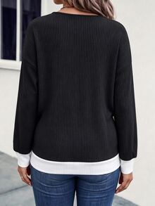 Glimmora Spring Autumn New Plus Size Colorblock V-Neck Sweatshirt Women Black White Patchwork Ribbed Knit Pullover Loose Drop Shoulder Casual Slimming Daily Commute Sweatshirt With Cuff Buttons - Multicolor - View 2