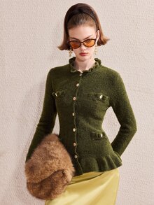 Barévion Women's Jacket Slim Waisted Peplum Tweed Texture Metal Buttons Ruffle Neck Elegant Olive Green Solid Fall Clothes For Women Christmas - Green - View 5