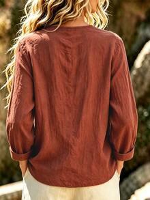 Balvessa Women's Traceable Cotton Asymmetric Placket Button Decor Long Sleeve Shirt - Orange - View 2