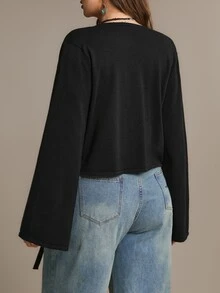 Freevana Black Tie-Front Wrap Top With Bell Sleeves, Cropped Open Cardigan, Boho Chic Layering Piece Winter - Black - View 2