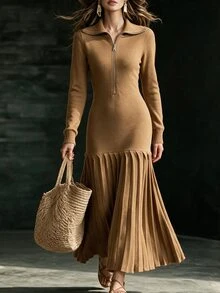 Breezaya Autumn/Winter Elegant Fashion Half-Open Front Vintage Patchwork Pleated Long Sweater Dress For Women - Mocha Brown - View 4