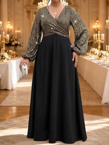 Fleurora Plus Size V-Neck Long Sleeve Ruched High Waist A-Line Dress - Multicolor - View 4