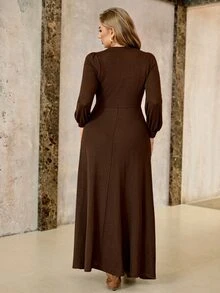 Roveilla Plus Size Women's French Casual Elegant Long Sleeve Knot Front Slit Dress Fall Thanksgiving Evening Night Brown - Brown - View 2