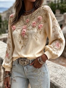 SHEIN Holidaya 女款法式風淡粉色印花圓領長袖收口鬆身休閒運動衫 - 杏色 - 查看 4