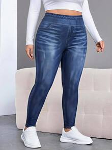 SHEIN CURVE+ بنطلون كاجوال مقاس كبير بجيوب وأزرار وتصميم ممزق بقصة ضيقة للارتداء اليومي، خريف وشتاء 2026 22W - الأزرق - مشاهدة 4