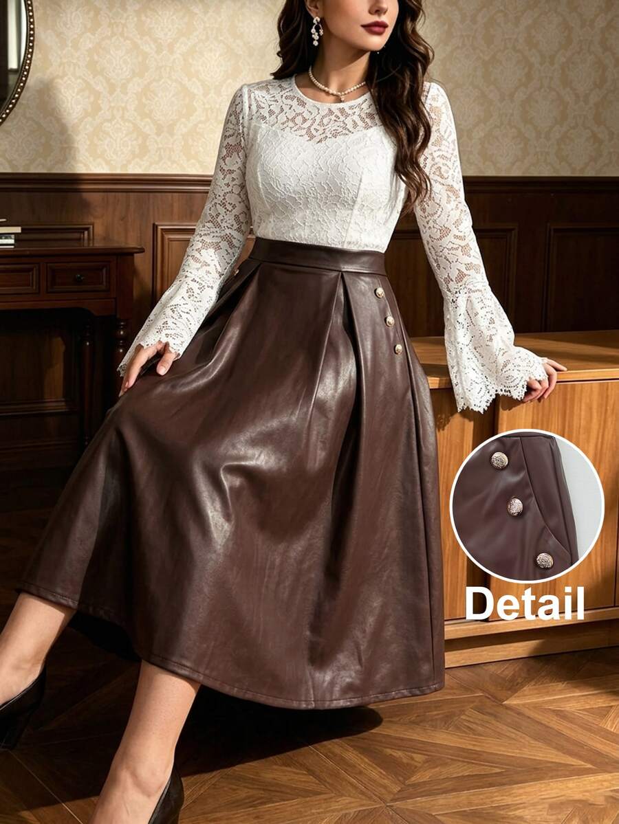Auvina Women's Autumn/Winter Button Decor Minimalist Skirt - Coffee Brown - View 1